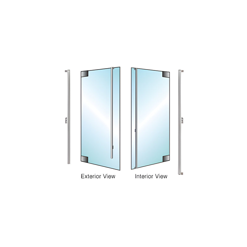 A diagram showing the exterior and interior views of a polished stainless steel dummy handle mounted on an all-glass door.