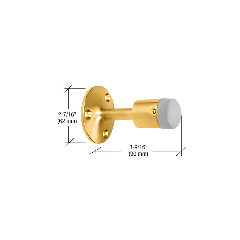 A polished brass wall-mounted heavy-duty door stop with a grey rubber bumper and dimension lines showing a 2-7/16 inch base and 3-9/16 inch length.