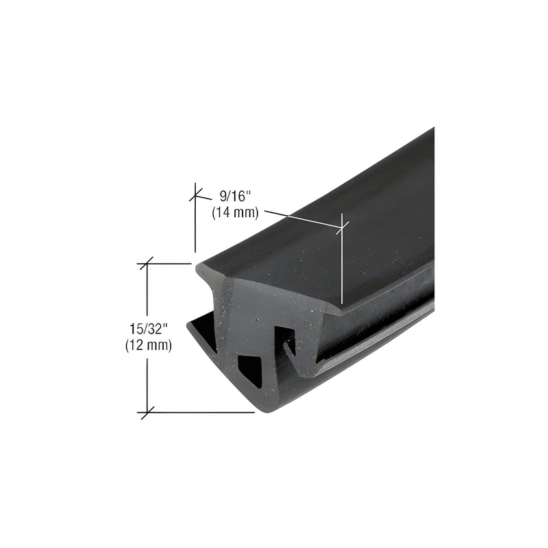 A close-up view of a black EPDM storefront gasket showing its 9/16 inch width and 15/32 inch height profile dimensions.
