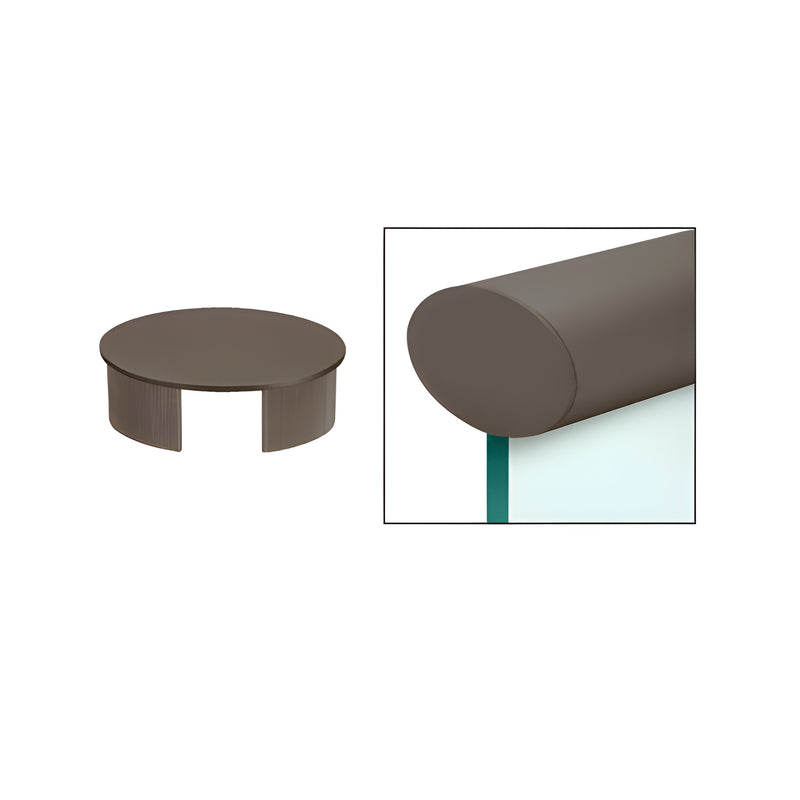 A dark bronze oval end cap for cap railing shown standalone and installed on a glass railing system.
