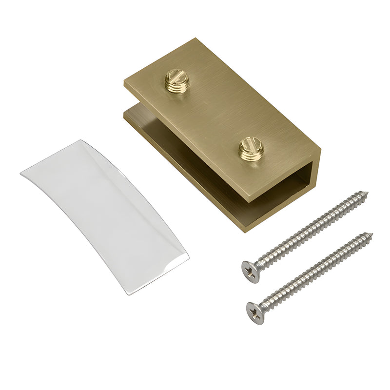 A brushed bronze no-drill glass clamp shown with two mounting screws and a protective gasket.