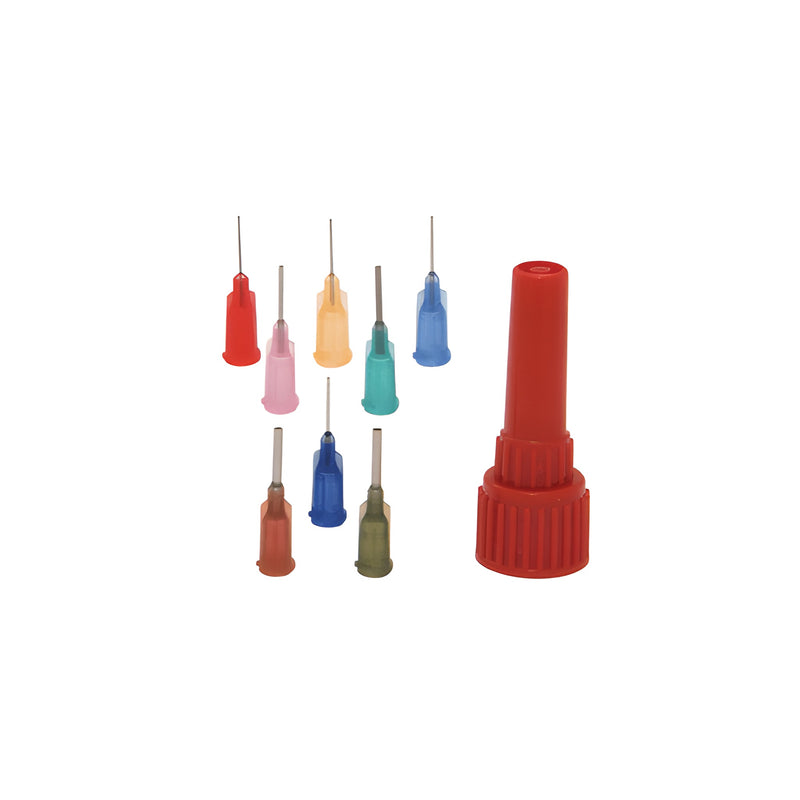 A set of eight color-coded precision needles with metal tips and a single red plastic adaptor.