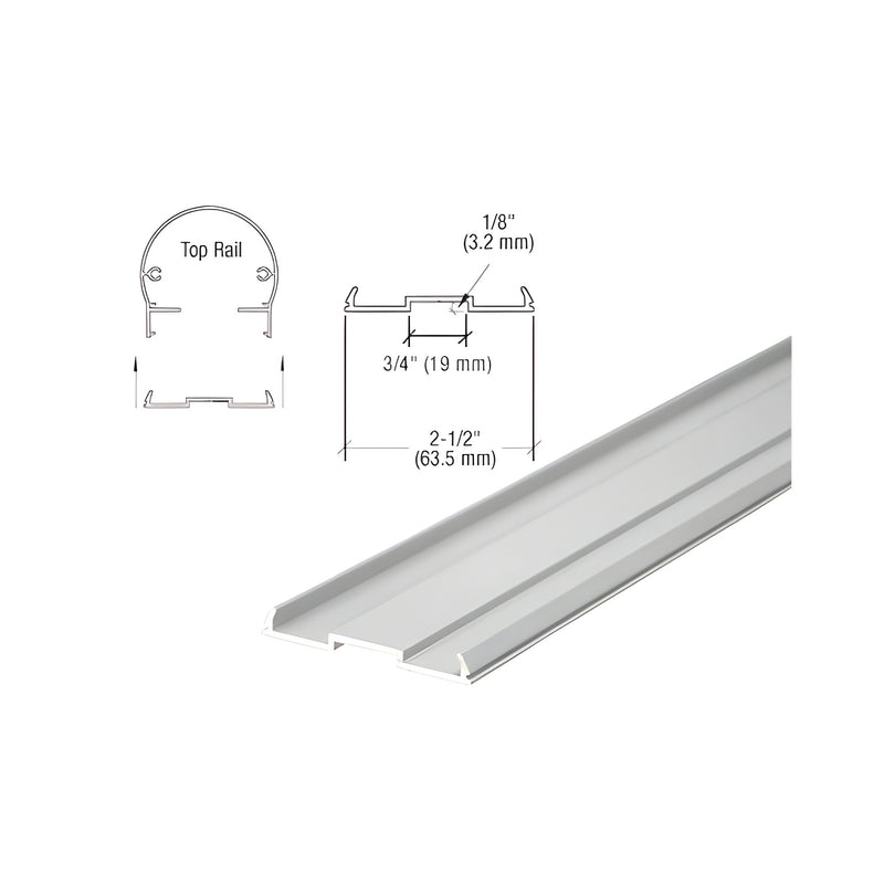 A technical diagram and perspective view of the silver metallic aluminum top rail infill for picket railing systems.