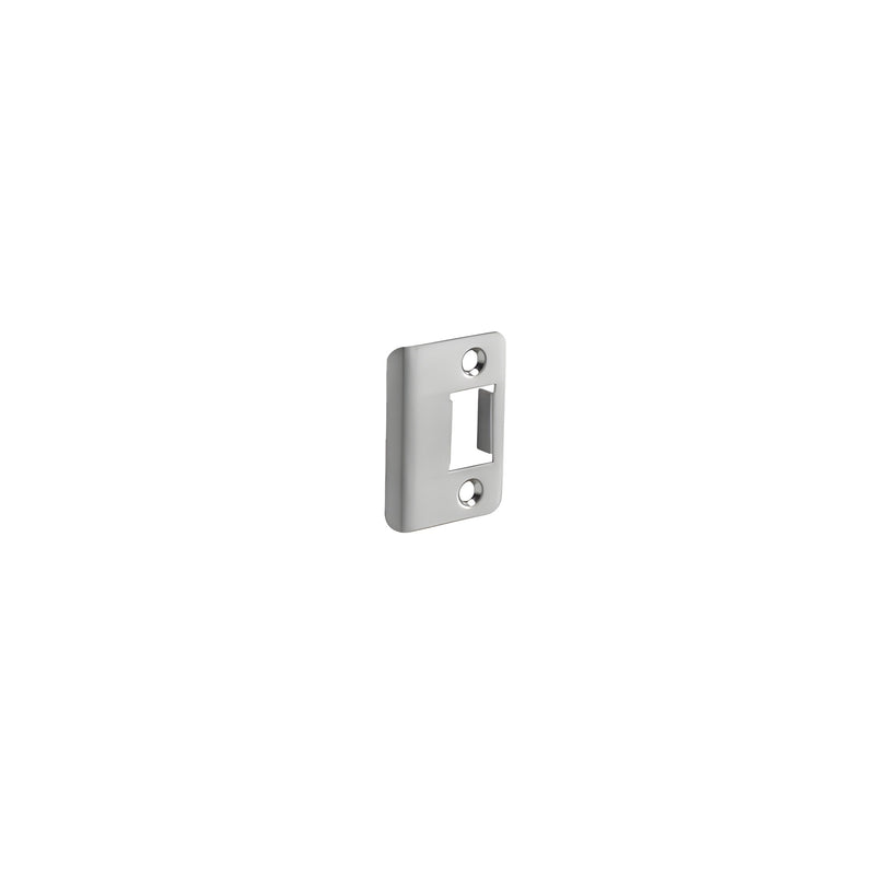 A brushed stainless steel Adams Rite frame lock strike plate with two mounting holes and a rectangular cutout.