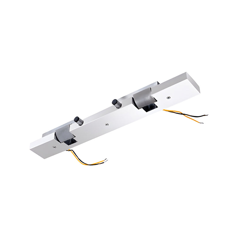 A polished stainless steel electric strike keeper for double doors with exposed wiring and two locking mechanisms.