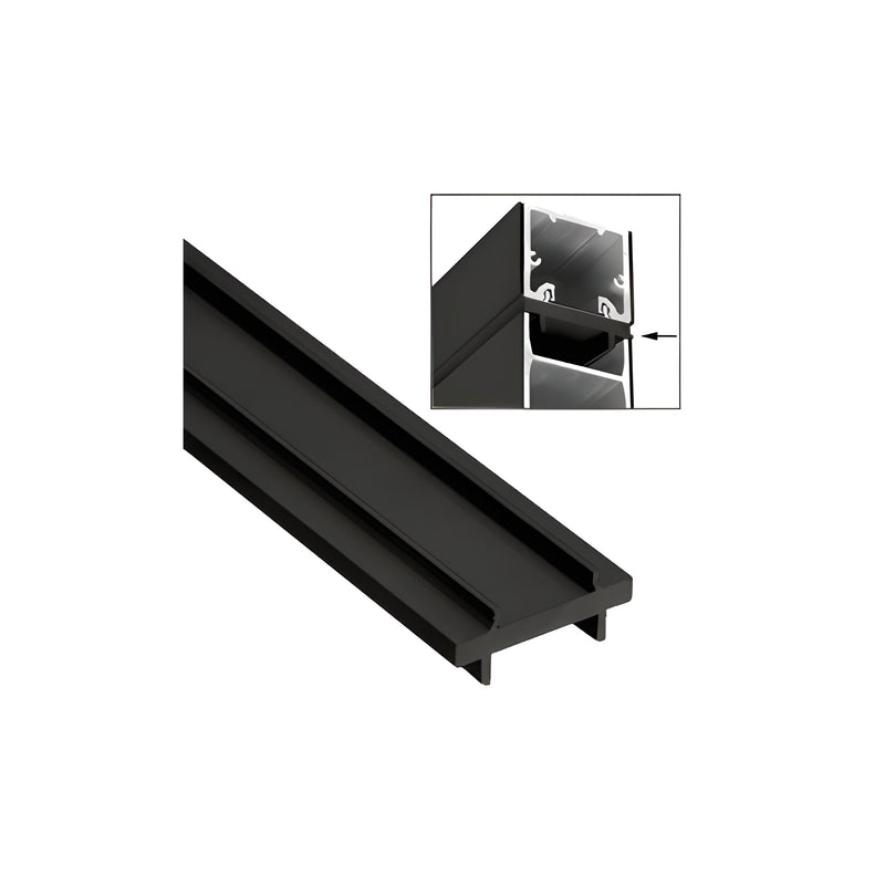 A matte black header mount saddle for sidelite rails shown in full length and a cross-section detail view.