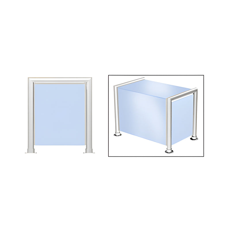 A diagram showing the front and isometric views of a polished stainless steel sneeze guard with 1-1/2 inch tubing and glass panels.