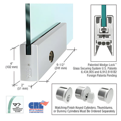Brushed Stainless 4" Square DRS Door Rail With Lock for 1/2" Glass - 9-1/2" Length