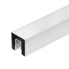 A section of brushed stainless steel square cap rail showing the U-shaped channel for glass installation.