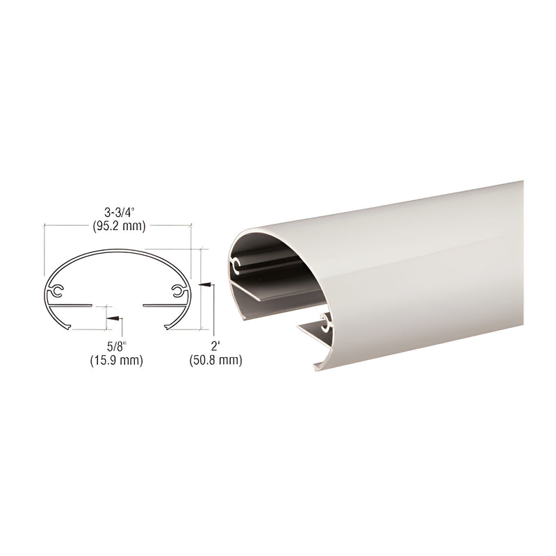 A technical diagram and perspective view of the Sky White aluminum top rail showing its 3-3/4 inch width and 2 inch height profile.