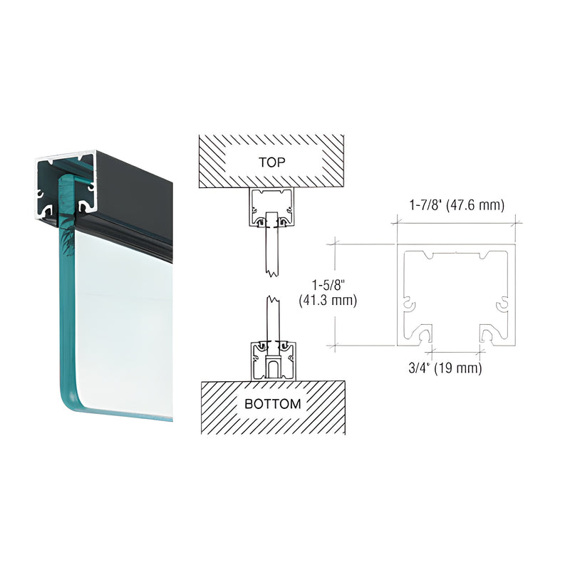 A technical diagram and 3D rendering showing a black powder coat U-channel profile securing a glass panel with a top load glazing gasket.
