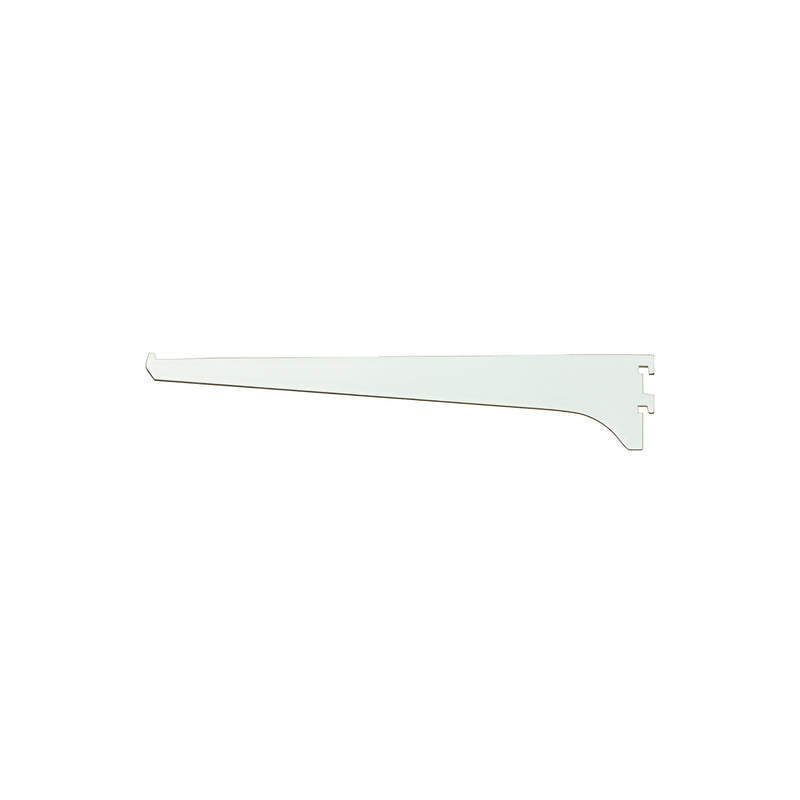 A side view of a 12-inch brite anodized aluminum shelf bracket with a notched mounting end.