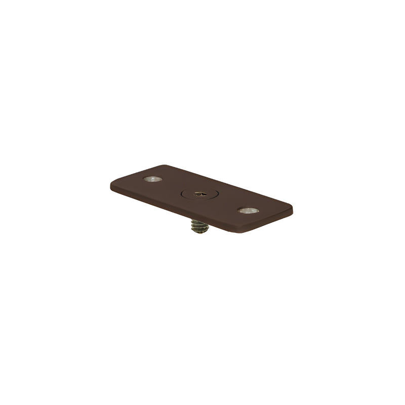 A rectangular dark bronze aluminum flat hand rail adaptor plate with mounting holes and a central threaded screw.