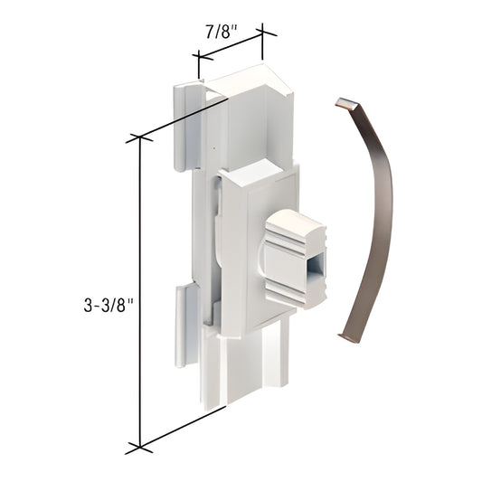 White diecast window latch/pull (SKU F2650) for Superior sliding windows, 3-3/8" tall x 7/8" wide, with built-in night lock.
