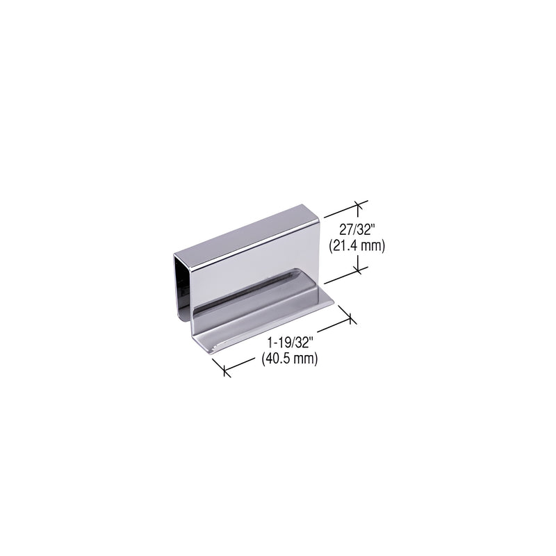 A polished chrome brass finger grip strike plate shown with dimension lines indicating a height of 27/32 inch.