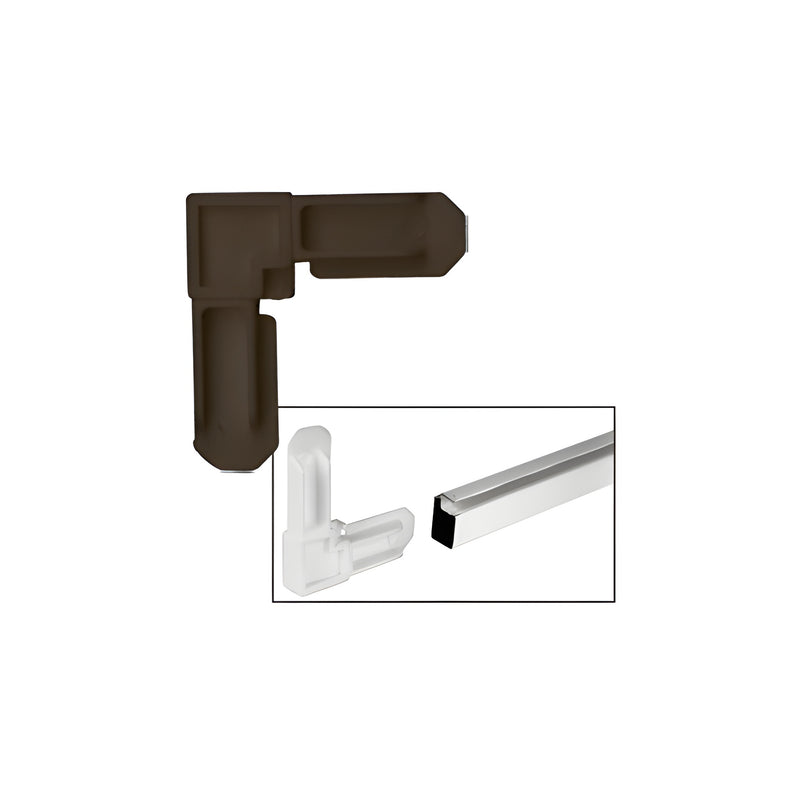 A bronze plastic square cut screen frame corner piece shown alongside an inset image of a white corner and a section of screen frame.