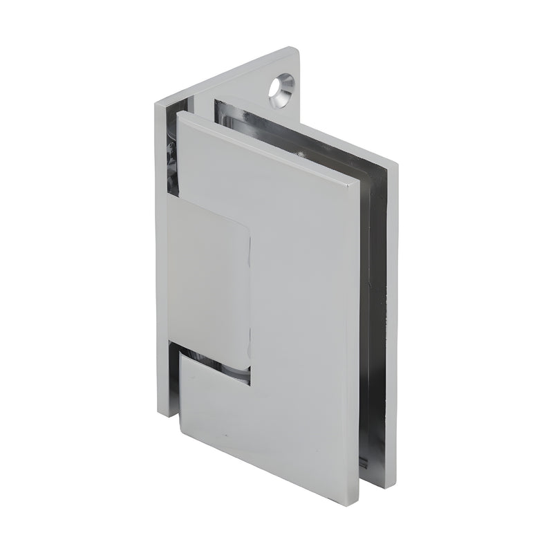 A polished chrome Melbourne wall mount offset back plate hinge shown from an angled perspective.