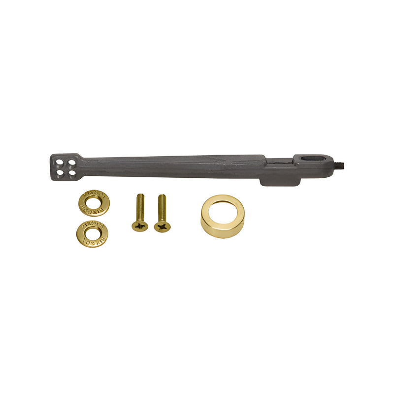 A Rixson 28 series center-hung floor closer arm shown with polished brass alignment hardware, screws, and washers.
