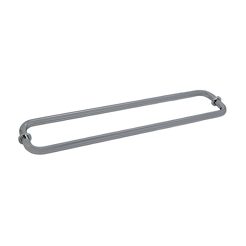 A satin nickel finish back-to-back tubular towel bar designed for glass shower door mounting.