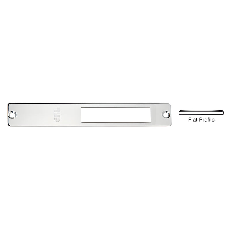 A polished stainless steel strike faceplate with a flat profile and two mounting holes for CRL center locks.