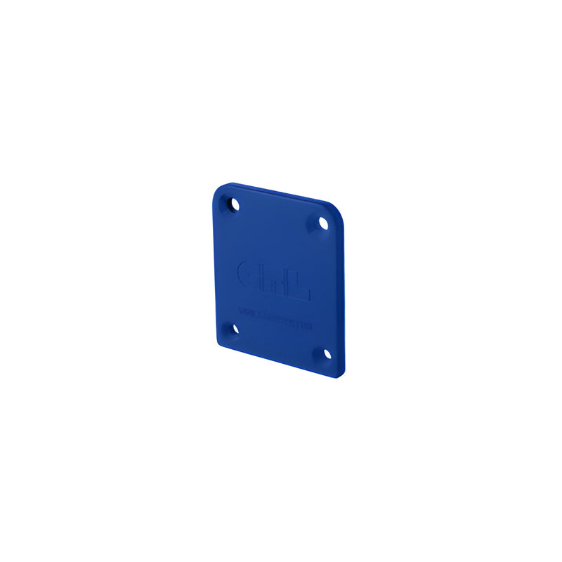 A square blue powder-coated aluminum end cap from the CRL FB1 series with four pre-drilled mounting holes.