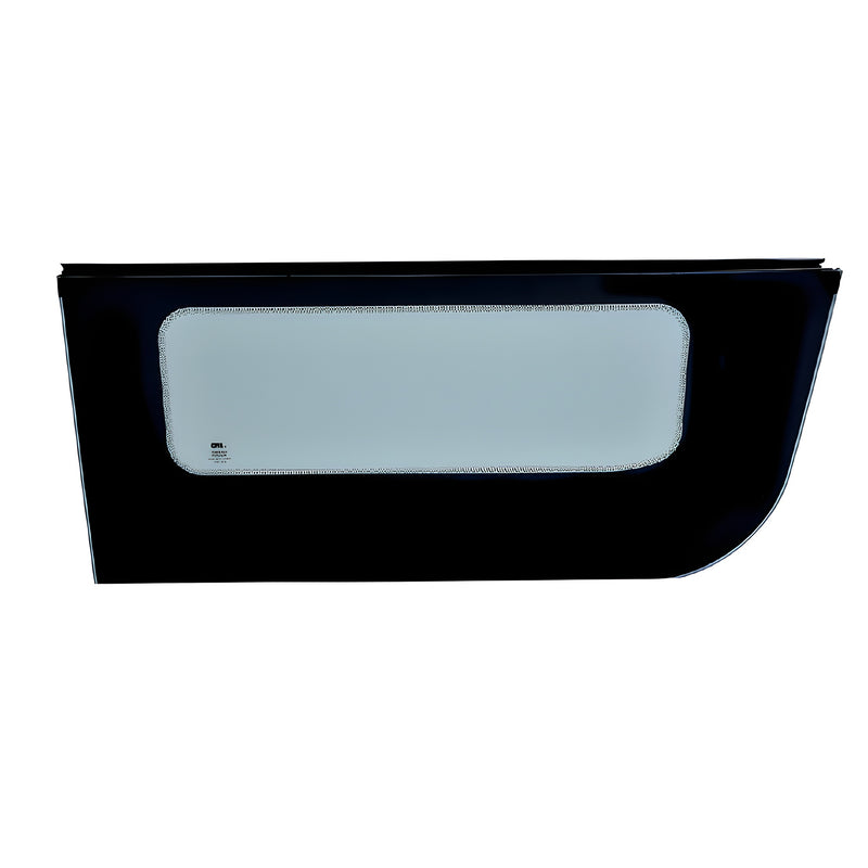 A front vent glass panel for a passenger side sliding door shown from a direct front view.