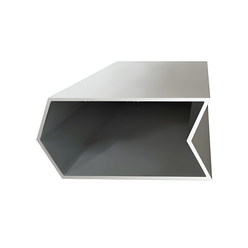 A close-up view of a clear anodized aluminum 135-degree corner mullion profile showing its structural shape.