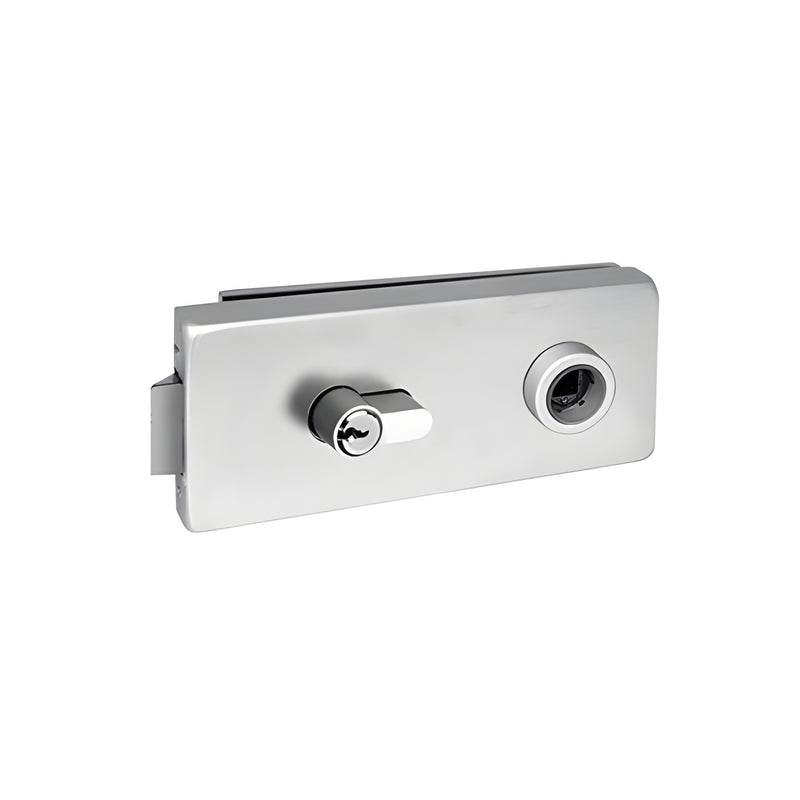 A satin anodized square latch housing with a keyed cylinder for interior glass doors.