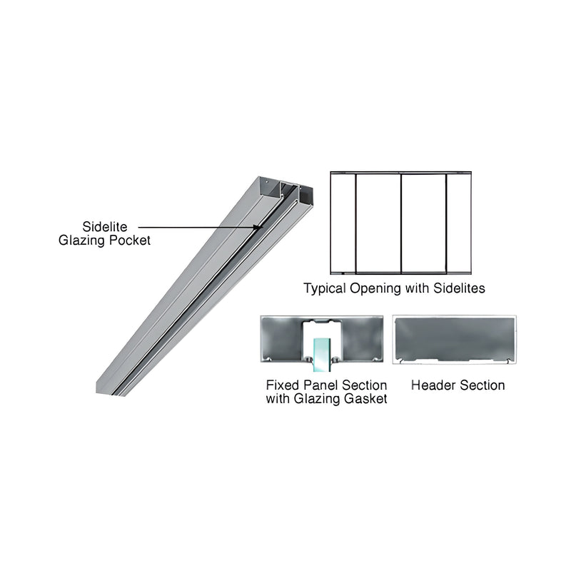 A brushed stainless steel header profile with a glazing pocket shown alongside cross-section diagrams of the fixed panel and header assembly.
