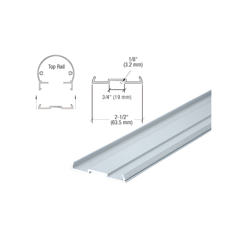 A technical diagram and perspective view of a 2-1/2 inch wide mill finish aluminum top rail infill for picket railing systems.