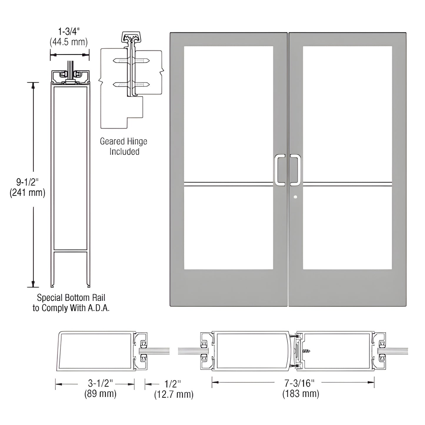 CRL-U.S. Aluminum Med-Stile Geared Hinge Pair for Surface-Mount Closers