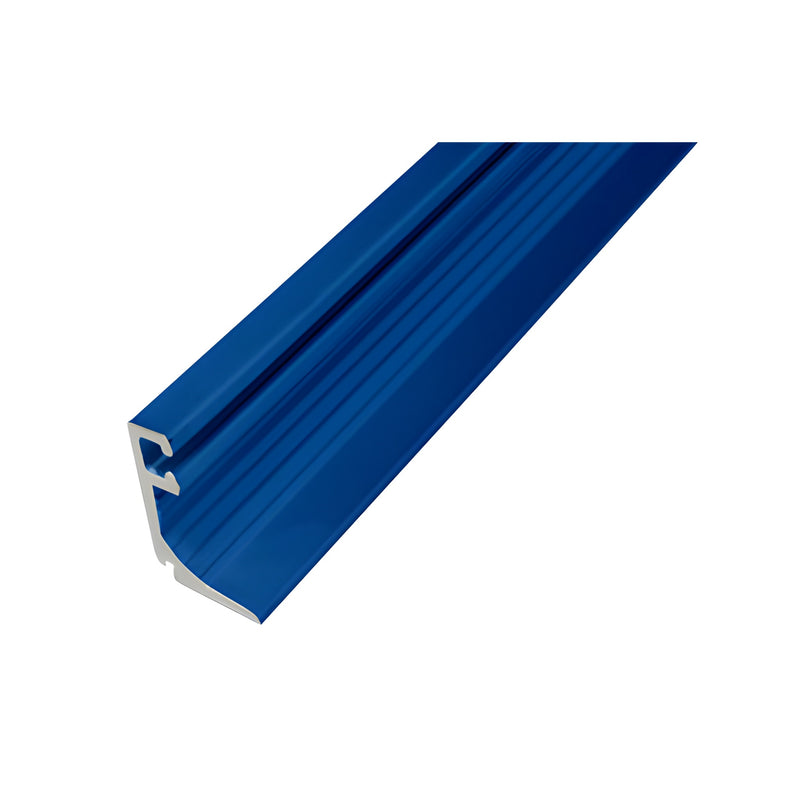 A length of blue custom Kynar painted aluminum door glass stop designed for 1-inch thick glass.