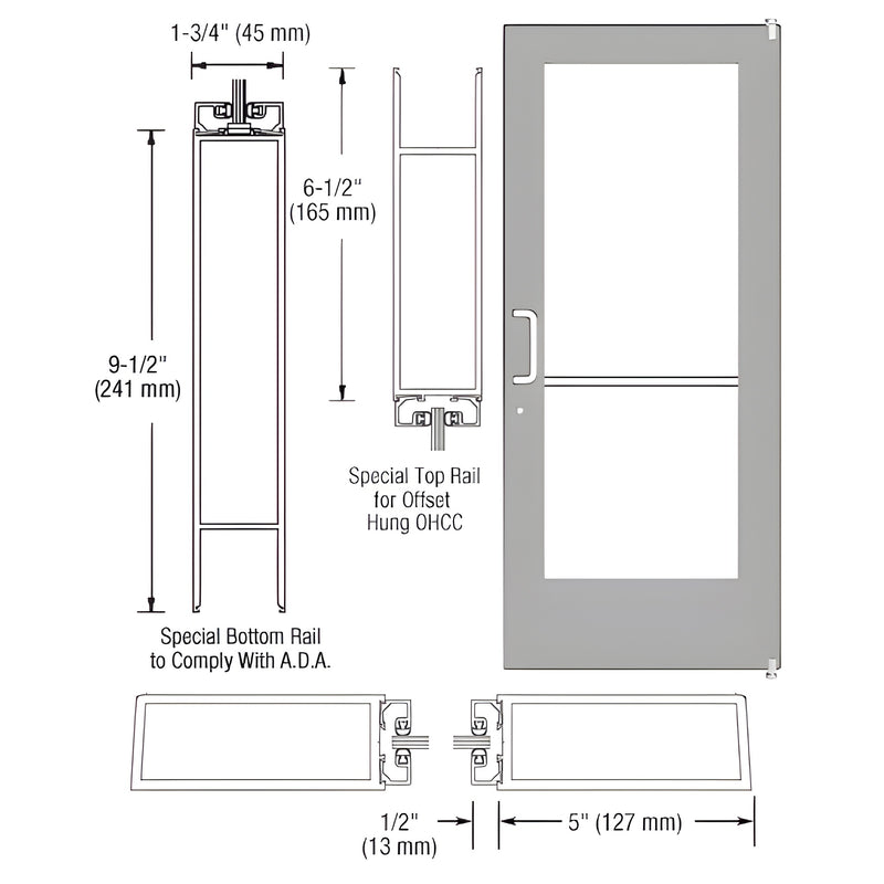 Technical diagram showing the profile dimensions of the Series 550 wide stile entrance door with top and bottom rail specifications.