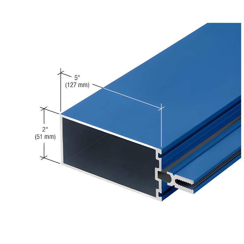 A blue-finished 5-inch by 2-inch thermally broken tubular aluminum mullion profile shown in cross-section.
