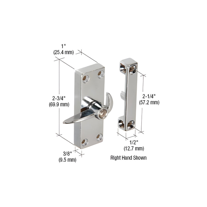 A chrome right-hand sliding screen door latch and strike plate with dimension labels.