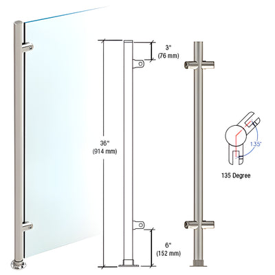 CRL Brushed Stainless 36" High 1" Round Slimline Series Straight Front Counter/Partition 135 Degree Post