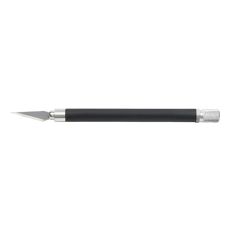 A CRL hobby knife featuring a black handle with a silver metal tip and a sharp, pointed blade.