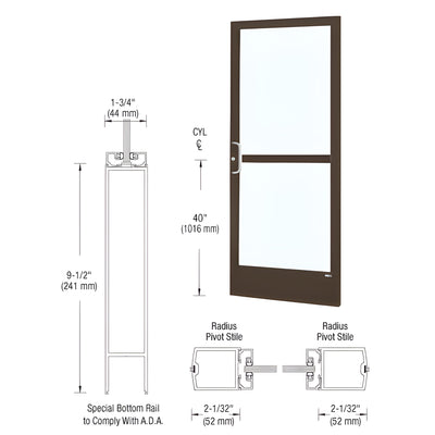 CRL-U.S. Aluminum Bronze Black Anodized Custom Single Series 250 Narrow Stile Center Pivot Entrance Door With Panic for Overhead Concealed Door Closer