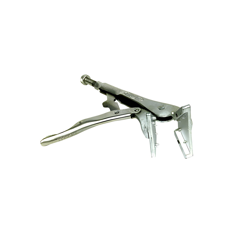 A metal CRL crimping tool with adjustable jaws and a quick spring release mechanism designed for 1795 zinc corners.