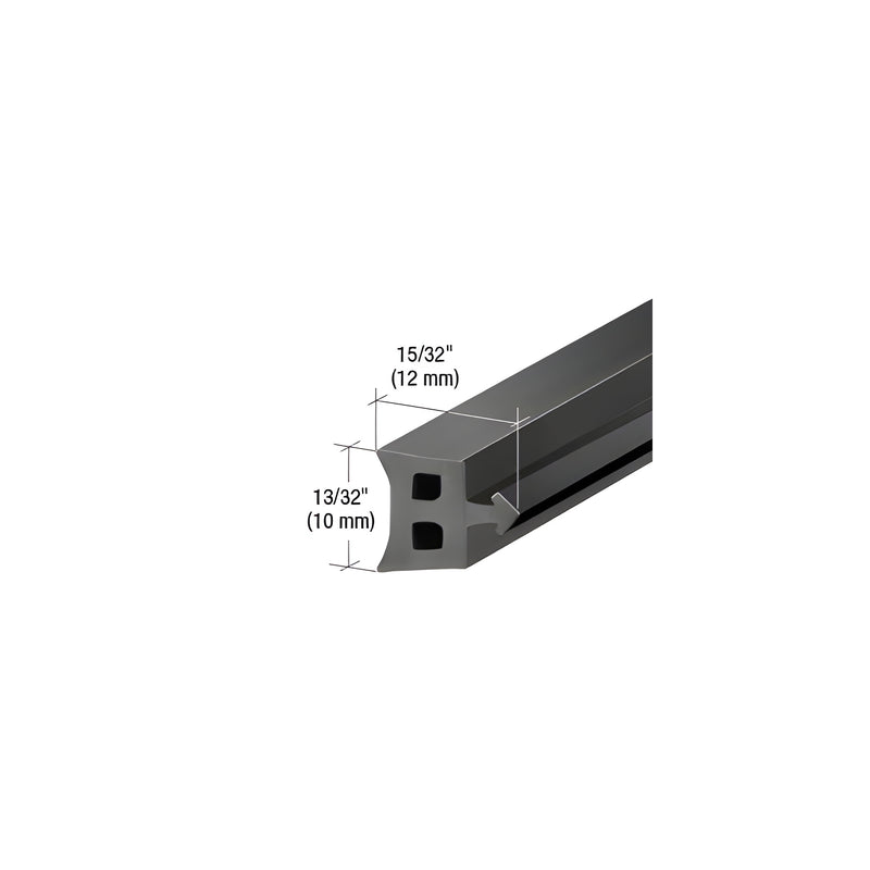 A close-up view of a black silicone rubber curtainwall spacer gasket showing its profile dimensions of 15/32 inch by 13/32 inch.