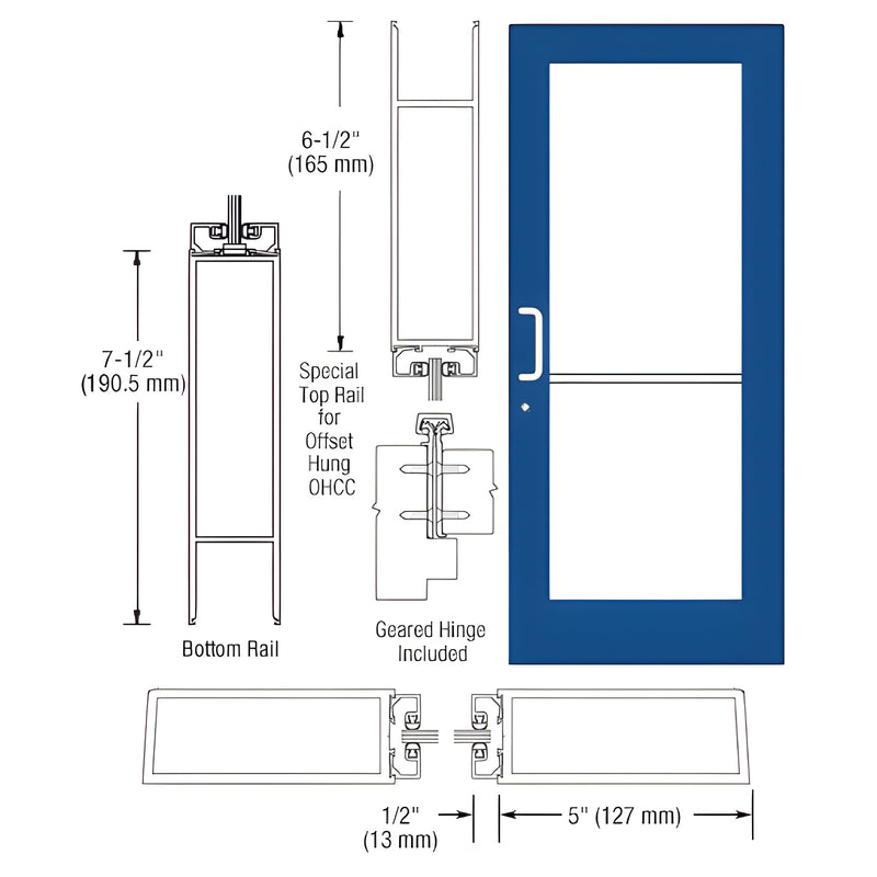 Technical diagram showing the profile dimensions and components of a Series 550 wide stile entrance door with a geared hinge.