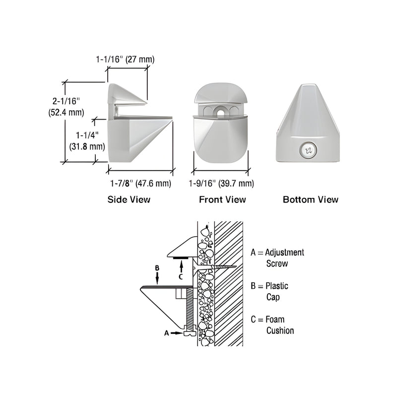 Technical diagram showing side, front, and bottom views of a zinc satin chrome adjustable shelf clamp with installation details.