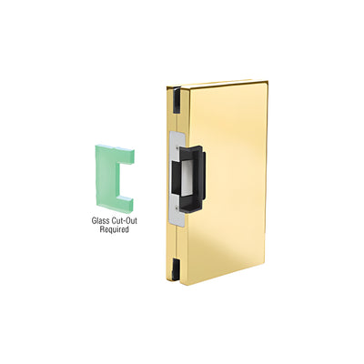 CRL Polished Brass 6" x 10" RH/LHR Custom Center Lock Glass Keeper with Deadlatch Electric Strike