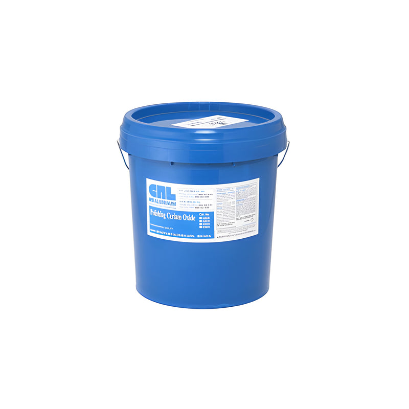 A blue plastic bucket containing 44 pounds of CRL Polishing Cerium Oxide.