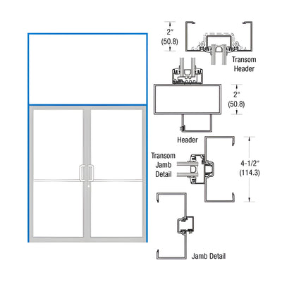 CRL-U.S. Aluminum Dark Bronze/Black Anodized Class 1 Transom Double Door Frame 2" x 4-1/2" Prepped for Offset Pivot Overhead Concealed 105º Closer