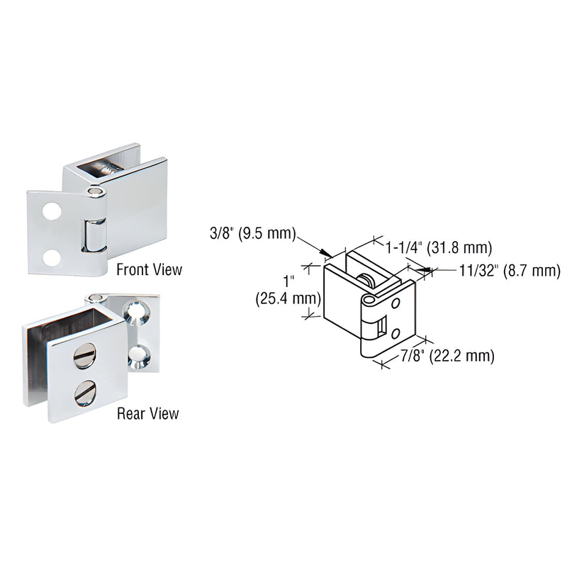A polished chrome brass set screw hinge for glass doors shown from front and rear angles with a technical dimension diagram.