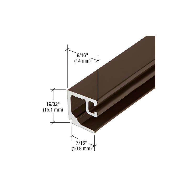 A cross-section view of a dark bronze aluminum door glass stop showing its profile dimensions.