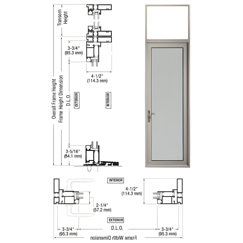 A technical diagram showing the profile and dimensions of a Series 925 single transom patio door with a clear anodized finish.