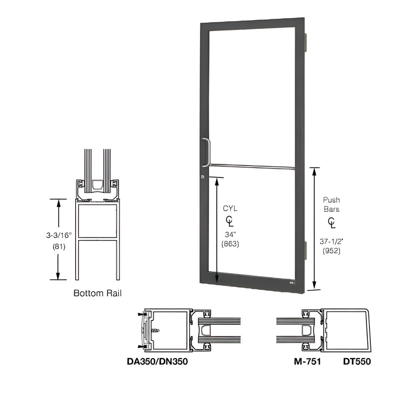 Technical diagram showing a 250 Series narrow stile active leaf door with bottom rail and hardware specifications.