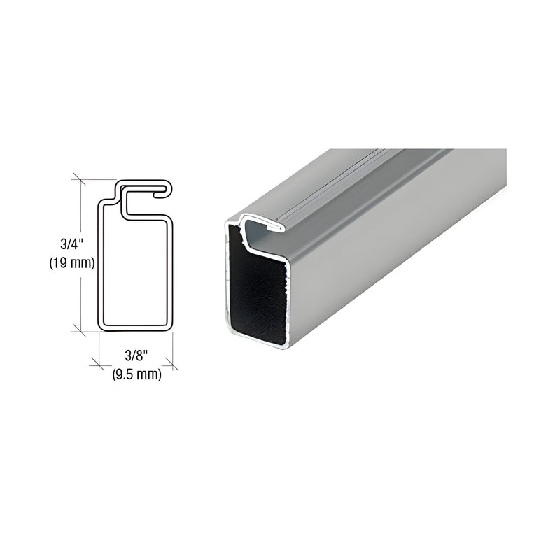 A cross-section diagram and a perspective view of the gray roll formed aluminum screen frame showing its 3/4 inch by 3/8 inch dimensions.